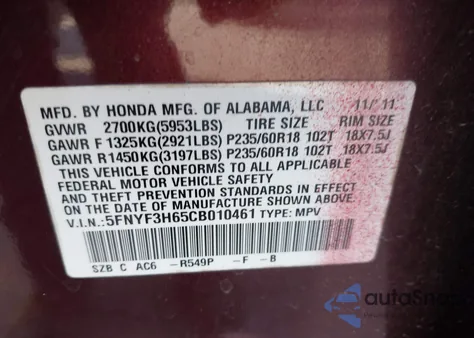 2012 Honda Pilot Ex-L z USA, uszkodzony, nr VIN 5FNYF3H65CB010461